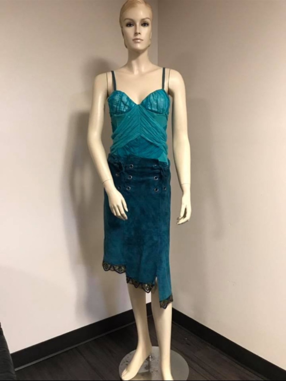 Pinko Teal Asymmetrical Lace-Trim Cami Top